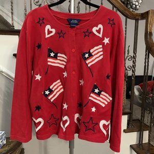 Natural Impressions Large Cardigan Sweatshirt Flag Red White Blue Button Up